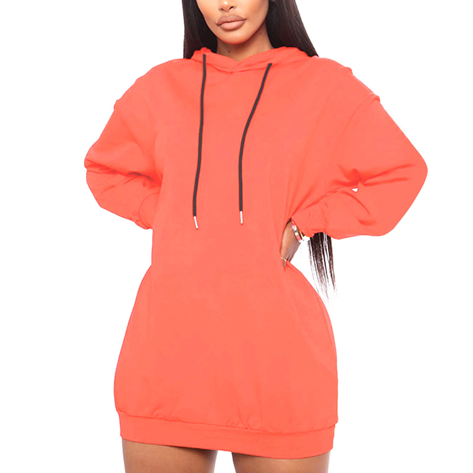 Pullover Solid Hooded Long Sweatshirts Women Long Sleeve Loose Baggy Sport Casual Drawstring Hoodies Top Streetwear: S / Orange