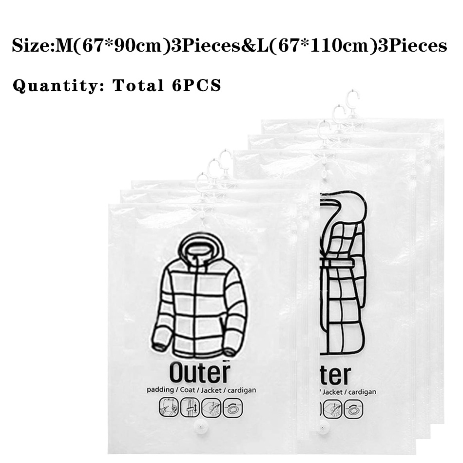 Hanging Vacuum Storage Bag Closet Organizer Space Saving Clear Seal Wardrobe Storage Bags With Hanger For Coats Jackets Suit: 3PCS M and 3PCS L