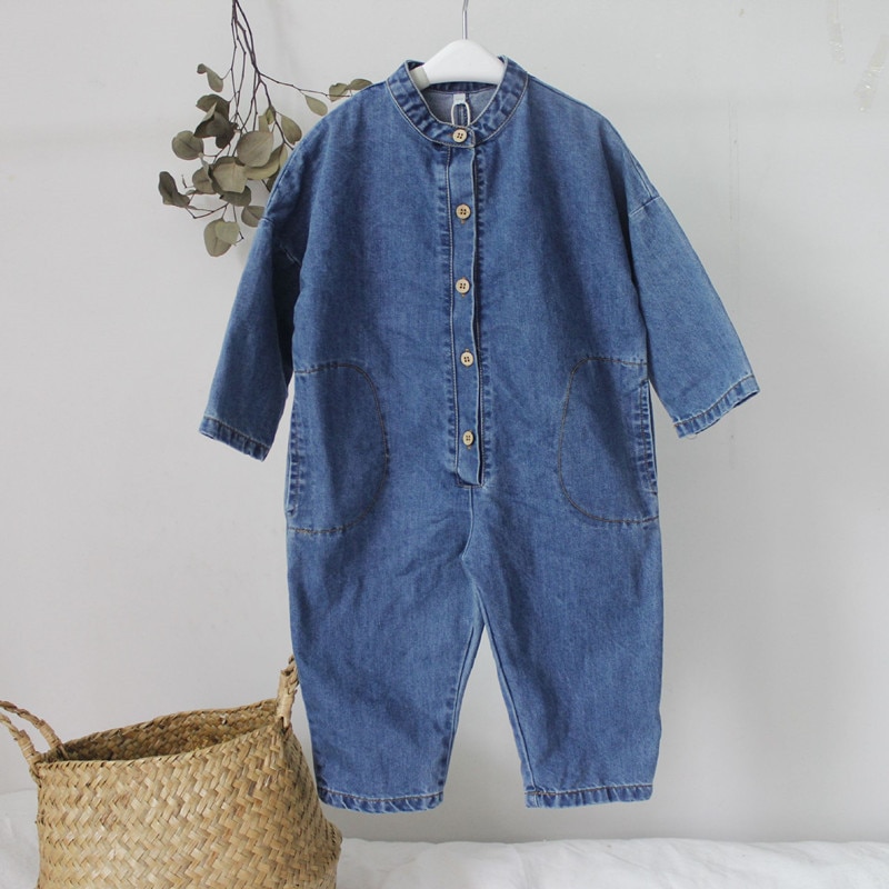 Autumn Unisex Children Denim Jumpsuits Korean Style Chic Baby Boys Girls Overalls Soft Loose Trousers Kids Clothes G034