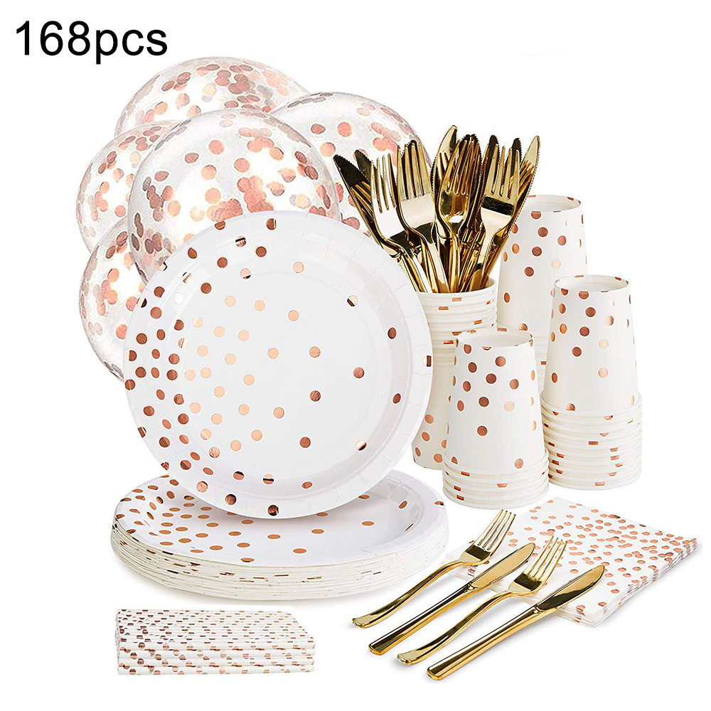 168 Pcs Rose Goud Papier Plaat Wegwerp Servies Set Kopjes Vorken Messen Ballonnen Voor Bruiloft Verjaardag Decoratie Feestartikelen: Default Title