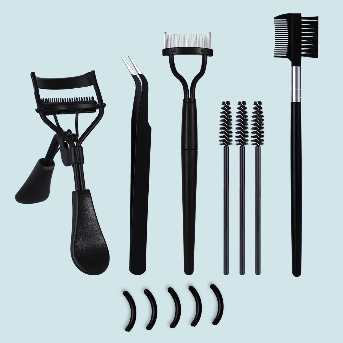 Wimpern mit 5 Silikonpads, 1 doppelseitiger Augenbrauen- und Wimpernkamm, 1 Wimpernstahlkamm, 1 Wimpernpinzette und 3 Spiralkämme