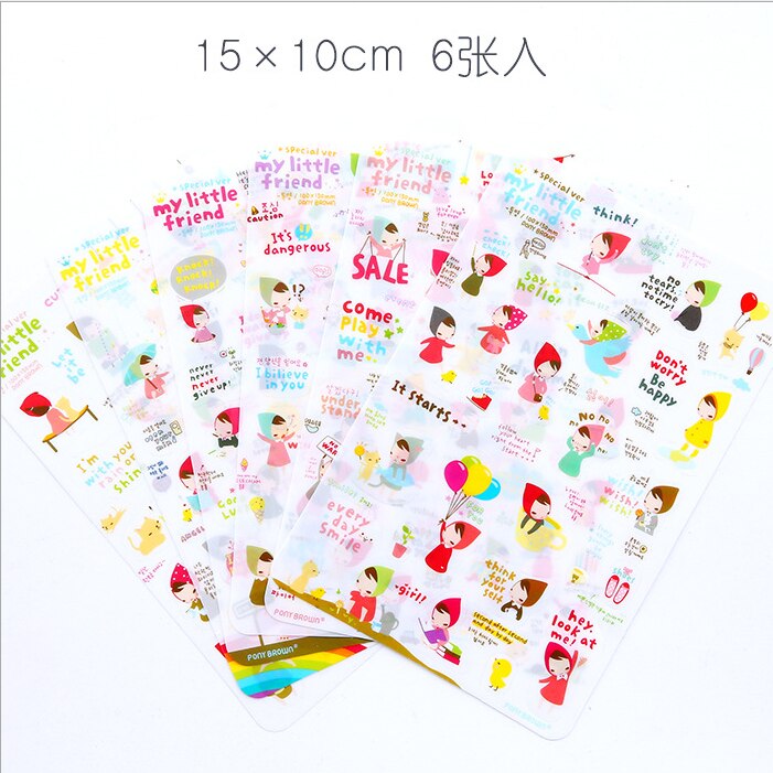 6sheets/pack/lot Korea Kawaii Doll Girl Paper Sticker Set Note Sticker Decoration Label Multifunction: Little Red Girl