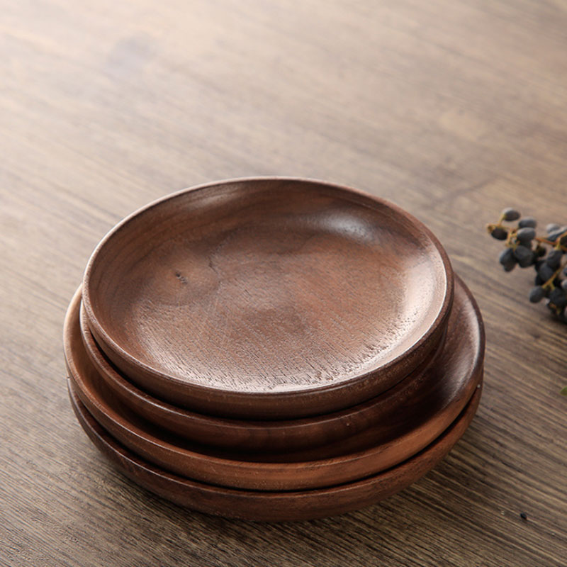Vajilla de cocina, platos de mantequilla de pan de estilo japonés, plato redondo de madera maciza para ensalada de frutas, pan, postre, tazón, bandeja