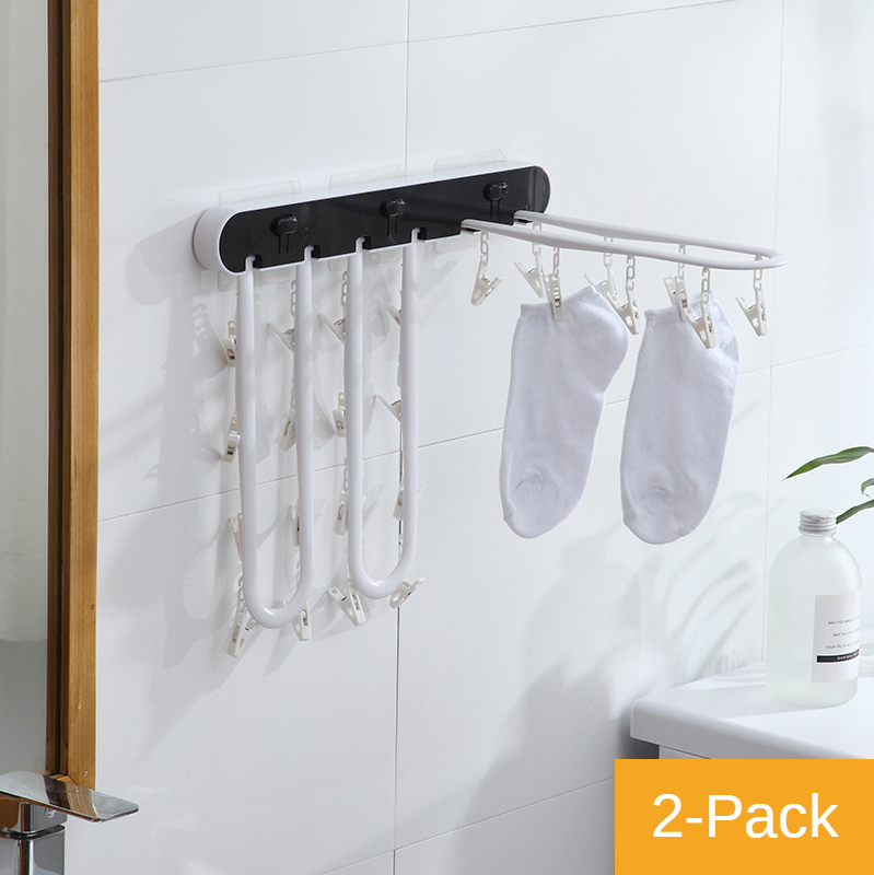Stendibiancheria per uso domestico calzini multi-clip punch-libero appeso al muro appeso a parete balcone pieghevole stendino per bagno: nero 2 pezzi