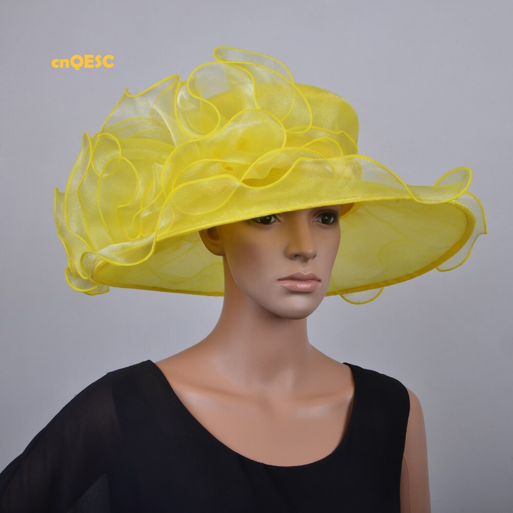 Lime green Wide brim Crystal organza hats church for kentucky derby wedding women's hat races