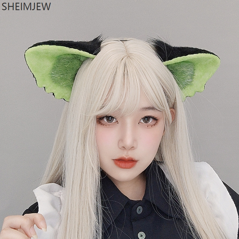 Tocado de felpa de Anime, accesorios para el cabello, bonito tocado verde con orejas de gato negro, diadema peluda de Lolita, disfraz de juego de rol, diadema, accesorio
