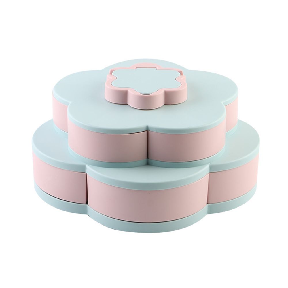 Boîte à bonbons rotative à pétales, plateau à fruits en forme de fleur à double couche contenant plateau à fruits secs en plastique multifonctionnel: Blue