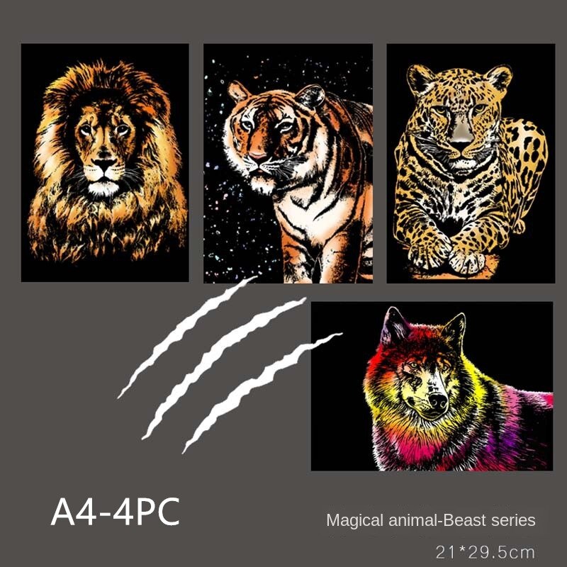 21*29cm 4PC DIY Scratch Paintings Card Animal Landscape Handmade decompression Drawing Toys Home Decor Picture: A4-Tiger