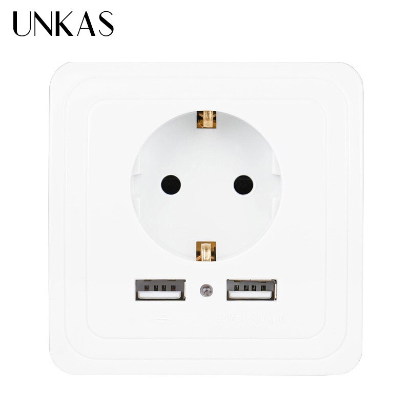 UNKAS 2000mA Dubbele USB Grijs Decoratieve Muur Socket 5V Woonaccessoires EU Plug Stopcontact PC Panel Geaard