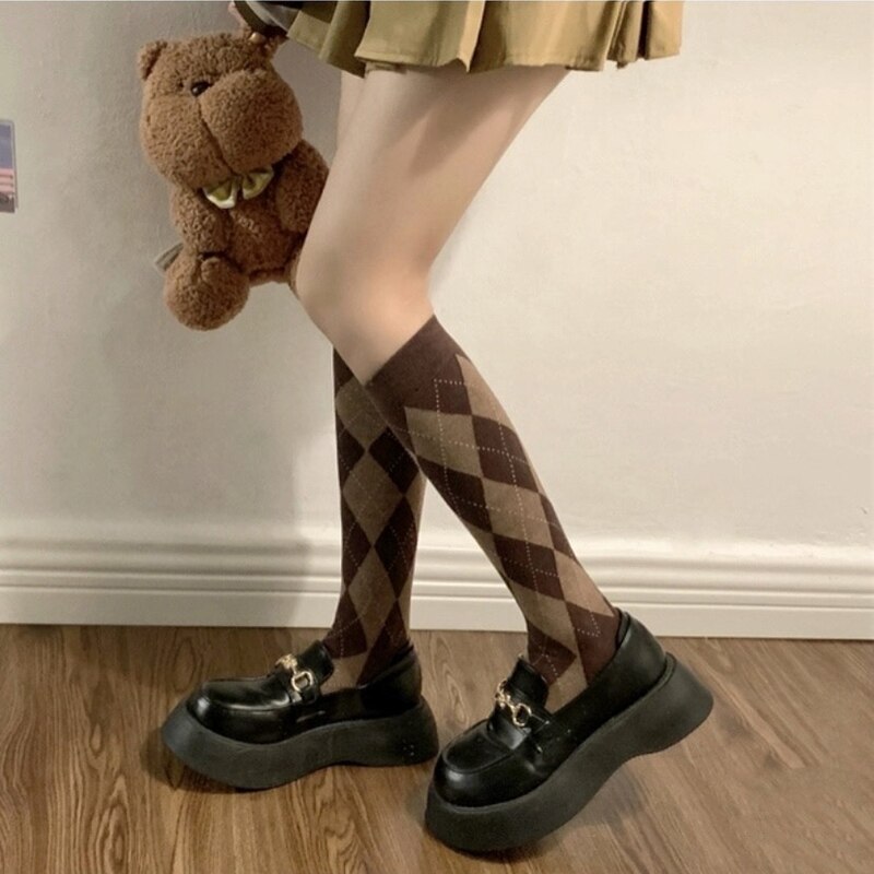 Diamond plaid pattern Green Knee socks women ins Party knee-high stockings Over Knee long ladies girls