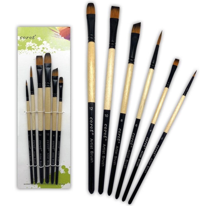 COROT-Juego de pinceles de nailon para pintar, Set de pinceles para pintar con pelo de nailon, diferentes cabezales, varilla corta, pincel acrílico al óleo, suministros de arte para acuarela, 6 uds.: 1010-6B