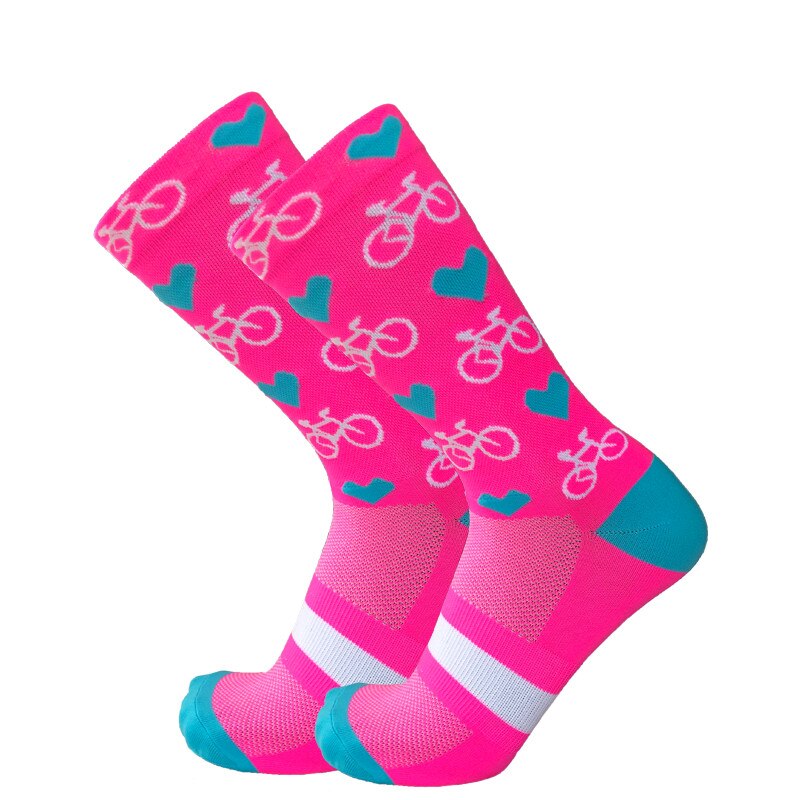 Cykelstrømper mænd kvinder kompression landevejscykelstrømper bjerg hjerteformede kærlige sokker: Lyserød