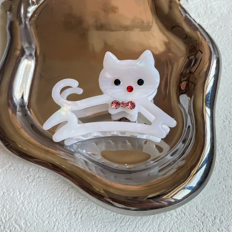 Pinza para el pelo de gato con diamantes de imitación para mujer y niña, pinzas para el pelo de acetato con dibujos de animales, gatito y cangrejo, accesorios para el cabello Kawaii: Blanco
