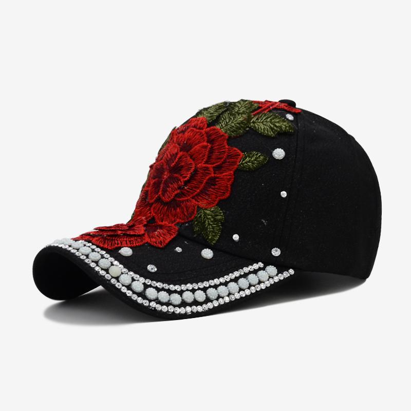 Cokk kvinders baseball cap broderi blomst perler snapback hatte til kvinde dame fest sommer sol hat kvinde cap gorras casquette: Sort