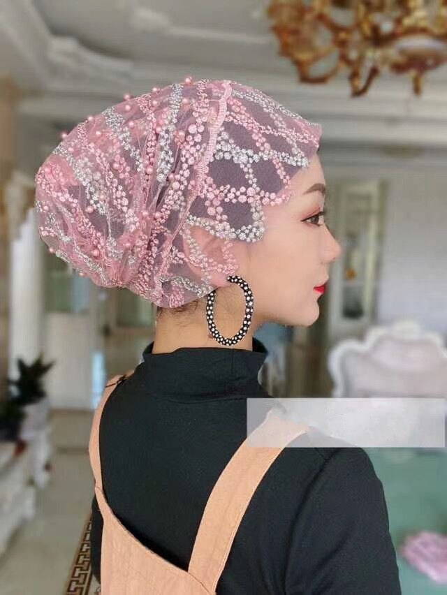 Gorra árabe con cuentas y rayas cruzadas para mujer, accesorios para la cabeza para niñas, gorro informal de Dubái de Color caramelo, turbante: Light Pink