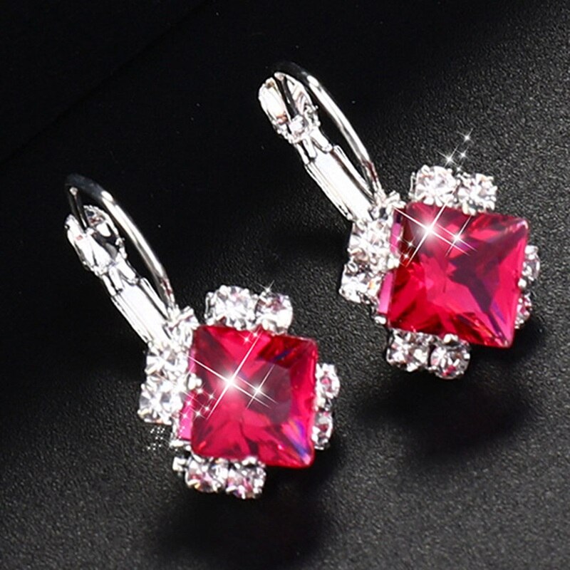 Silver Color Square Earrings Purple Red Blue Black Austrian Crystal Rhinestone Earring For Women Wedding Jewelry