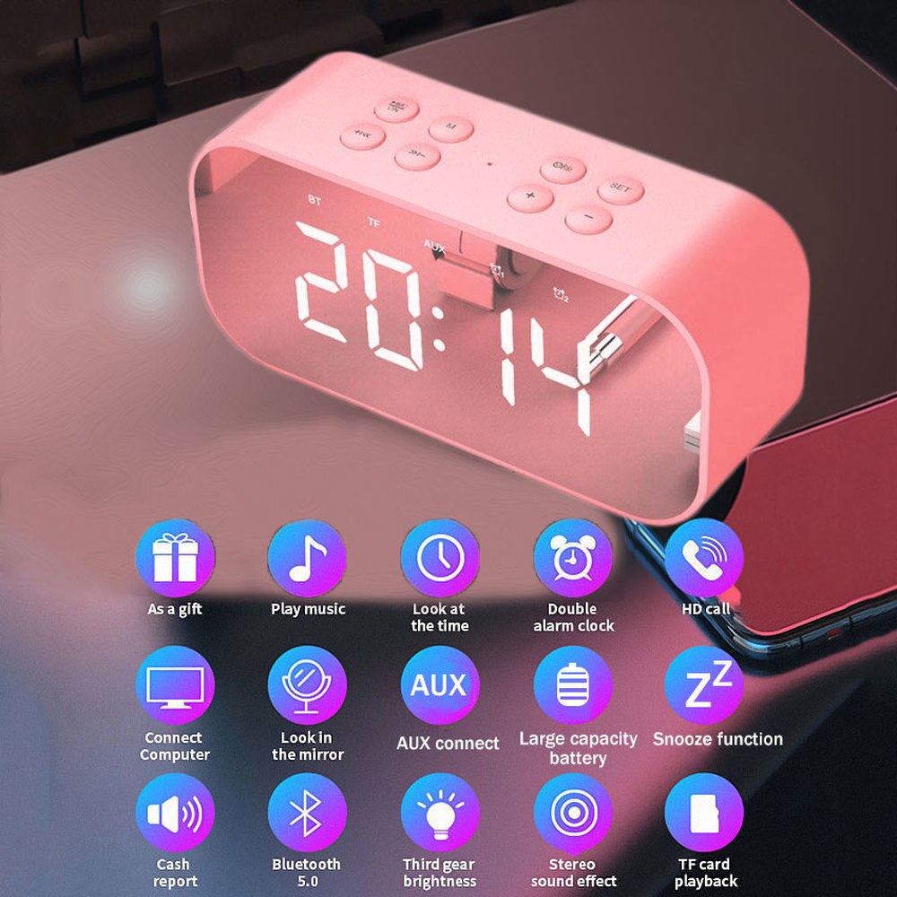 Alarm Clock Digital with Snooze Function Wireless Bluetooth Speaker Alarm Color Luminous Led Mirror Reveil