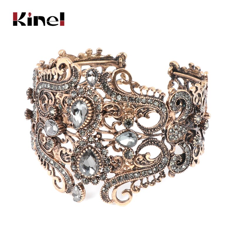 Kinel Vintage Indian Wide Gray Crystal Flower Cuff Bangle For Women Antique Gold Spring Bracelet Turkish Wedding Jewelry