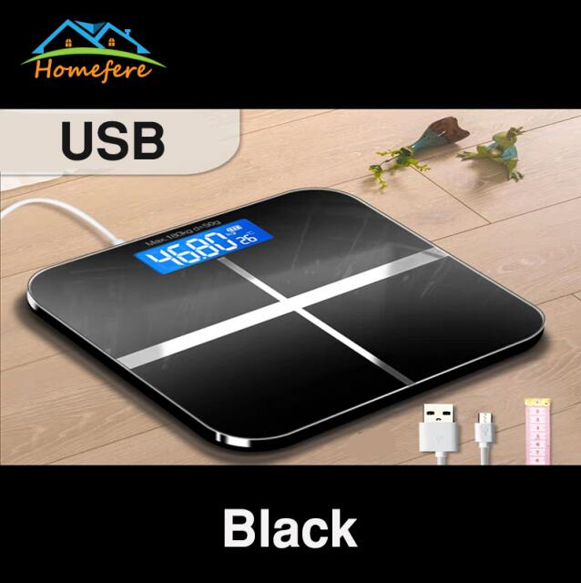 USB Charging Bathroom Scale Glass Smart Household Electronic Digital Weight Balance LCD Display: Black USB