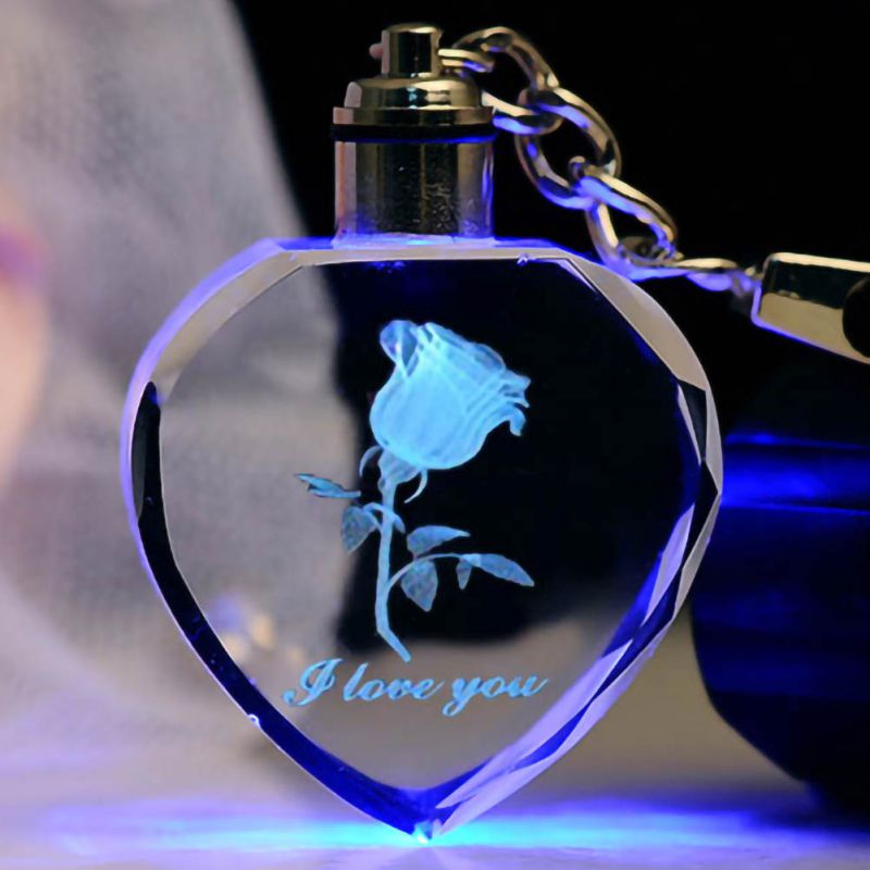 Rose Flower LED Light Keychain Luminous Fairy Crystal Keychains Colorful Rose Heart Key Chains Rings For Valentine's Day