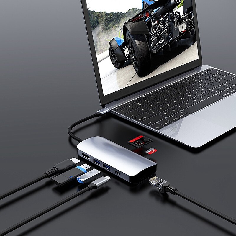 7 In 1 Type-C Docking Station USB-C Splitter Connected to Notebook Multifunctional Expansion Dock PD / Gigabit Network Port / TY