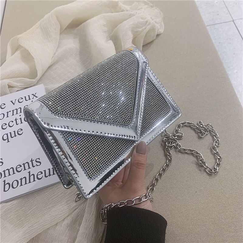 Diamant paillettes rabat carré paquet été nouvelle en cuir PU femmes concepteur sac à main chaîne épaule sacs de messager: Argent