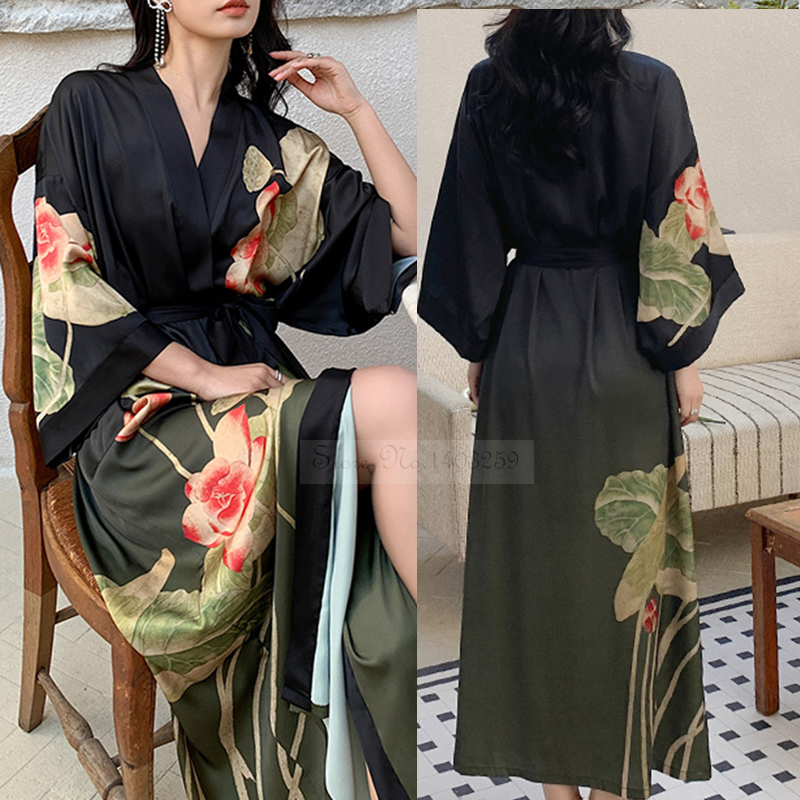 Albornoz tipo kimono largo con estampado de flores para mujer, bata de boda Sexy de media manga, camisón de rayón para primavera y verano, vestido para casa, ropa de dormir