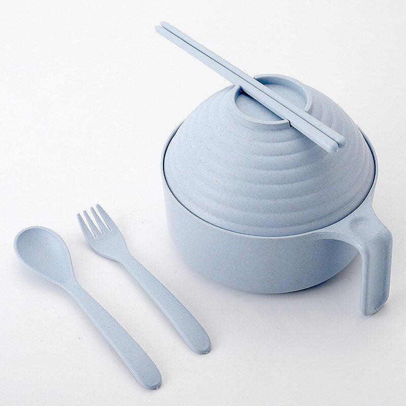 Wheat Straw Instant Noodles Bowls with Lids Rice Soup Food Container Kitchen Dowl Healthy Tableware: BLUE