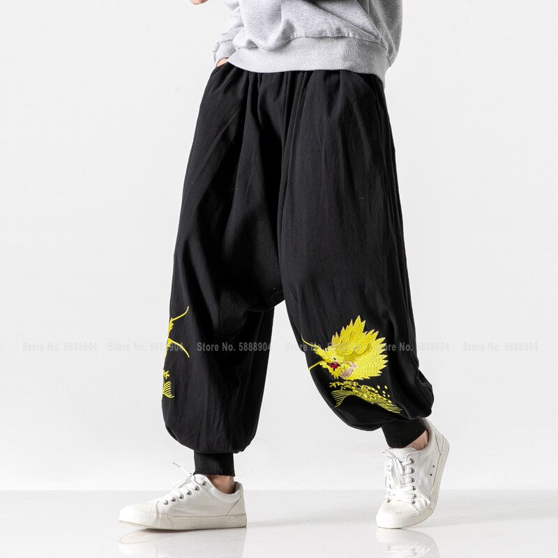 Homme Dragon broderie Style chinois coton lin Bloomers hommes décontracté large jambe pantalon sarouel japonais Streetwear