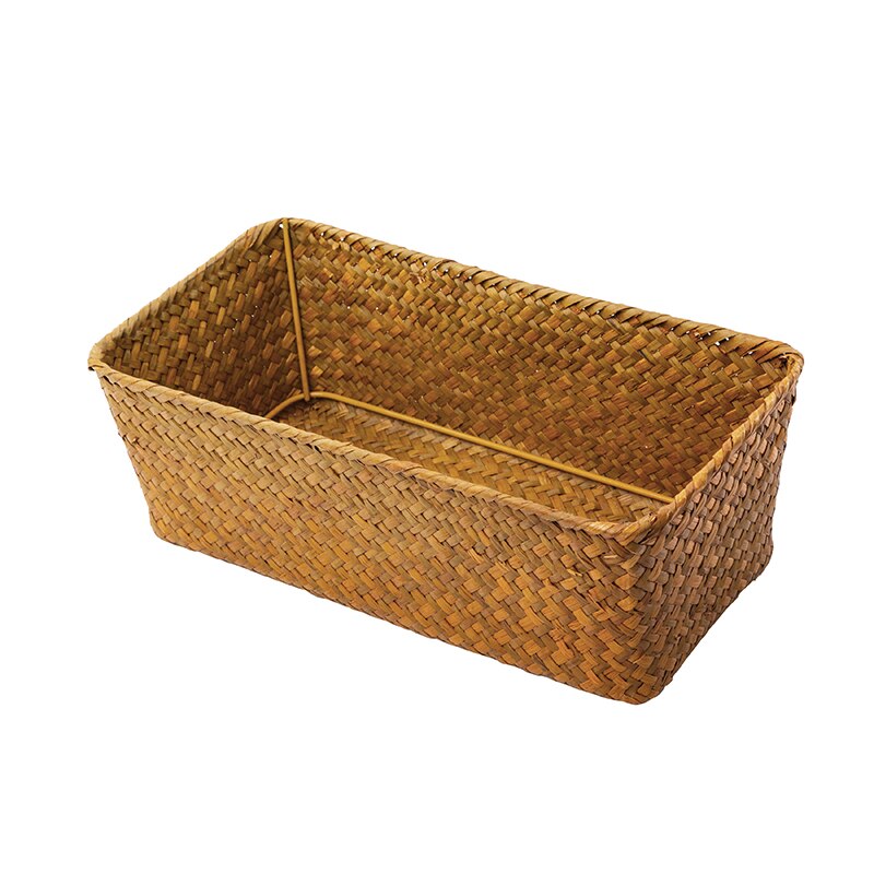 Rectangular Rattan Storage Basket Straw Fruit Dried Flowers Storage Boxes Handmade Seagrass Picnic Basket Makeup Organizer: Orange Color / M-27x13x8cm