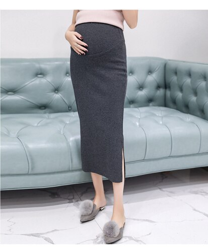 Faldas de otoño para vestido de maternidad, falda de tendencia de terciopelo tejida con abertura para mujeres embarazadas, ropa para la Oficina y el vientre: Gray / L