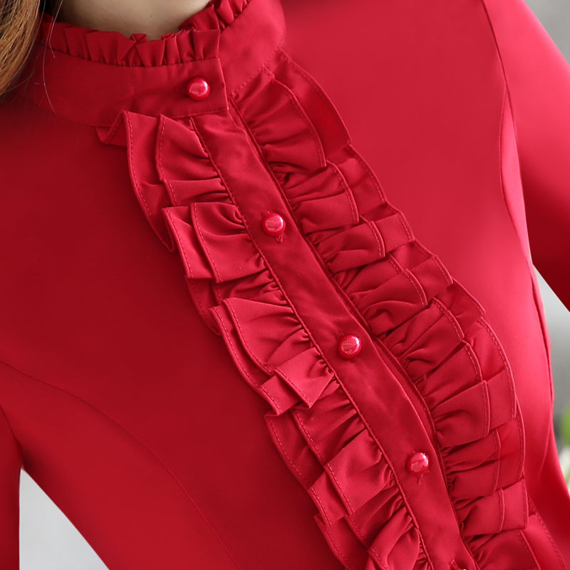 Camisa Formal de manga larga de otoño para mujer, blusa de chifón Rufflus de Color con soporte y para oficina, Tops de talla grande para mujer