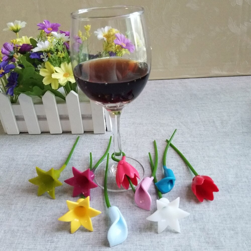 6Pcs Wijn Cup Markers Bloemen Vorm Draagbare Siliconen Creatieve Herbruikbare Glazen Beker Label Voor Wijn