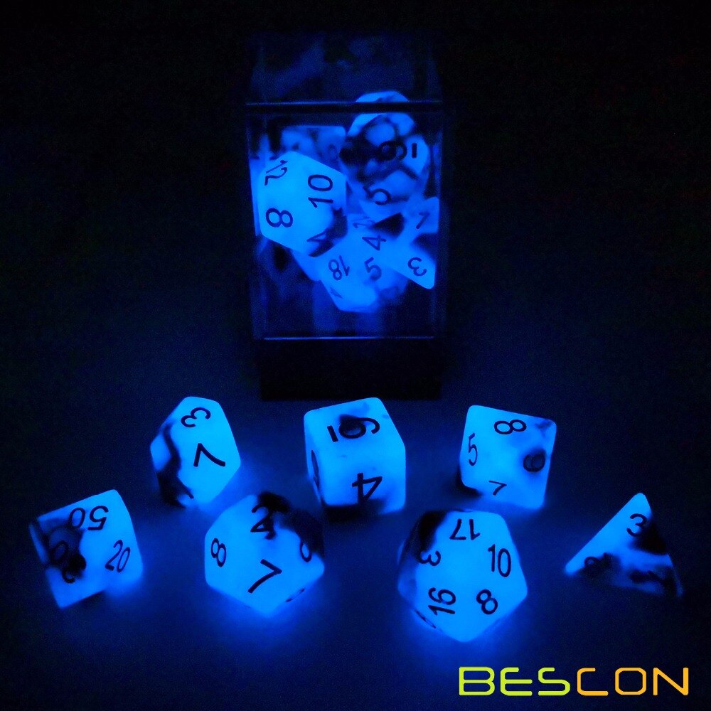 Bescon Twee-Tone Glow-In-The-Dark Polyhedrale Dobbelstenen Set Blauw Dawn, lichtgevende Rpg Dobbelstenen Set D4 D6 D8 D10 D12 D20 D % Baksteen Box Pack