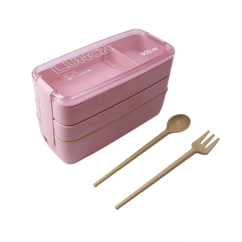 Patroon 3 Lagen 900Ml Bento Box Milieuvriendelijke Lunchbox Voedsel Container Tarwe Stro Materiaal Microwavable Dinnerwarelunchbox