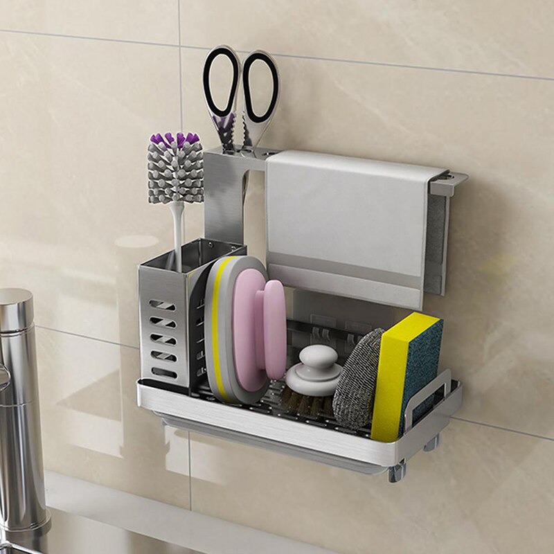 Porte-éponge en acier inoxydable, support de brosse à savon, évier de cuisine, caddie organisateur avec bac de vidange, support de séchage de cuisine Premium
