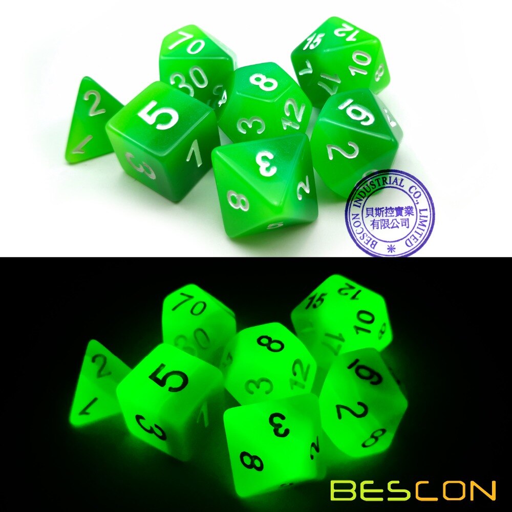Bescon Gradiënt Gloeiende Polyhedrale Dobbelstenen 7 Pcs Set Bos Licht, Geleidelijke Lichtgevende Rpg Dobbelstenen Set Glow In Dark, Dnd Spel Dobbelstenen