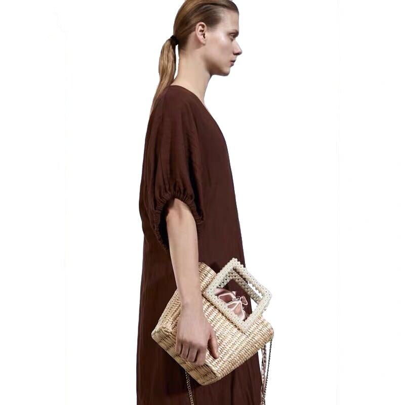 Kvinder perle halm håndtaske vævet tote sommer strand rejse snøre spand boheme perle håndtag tasker  ss3643