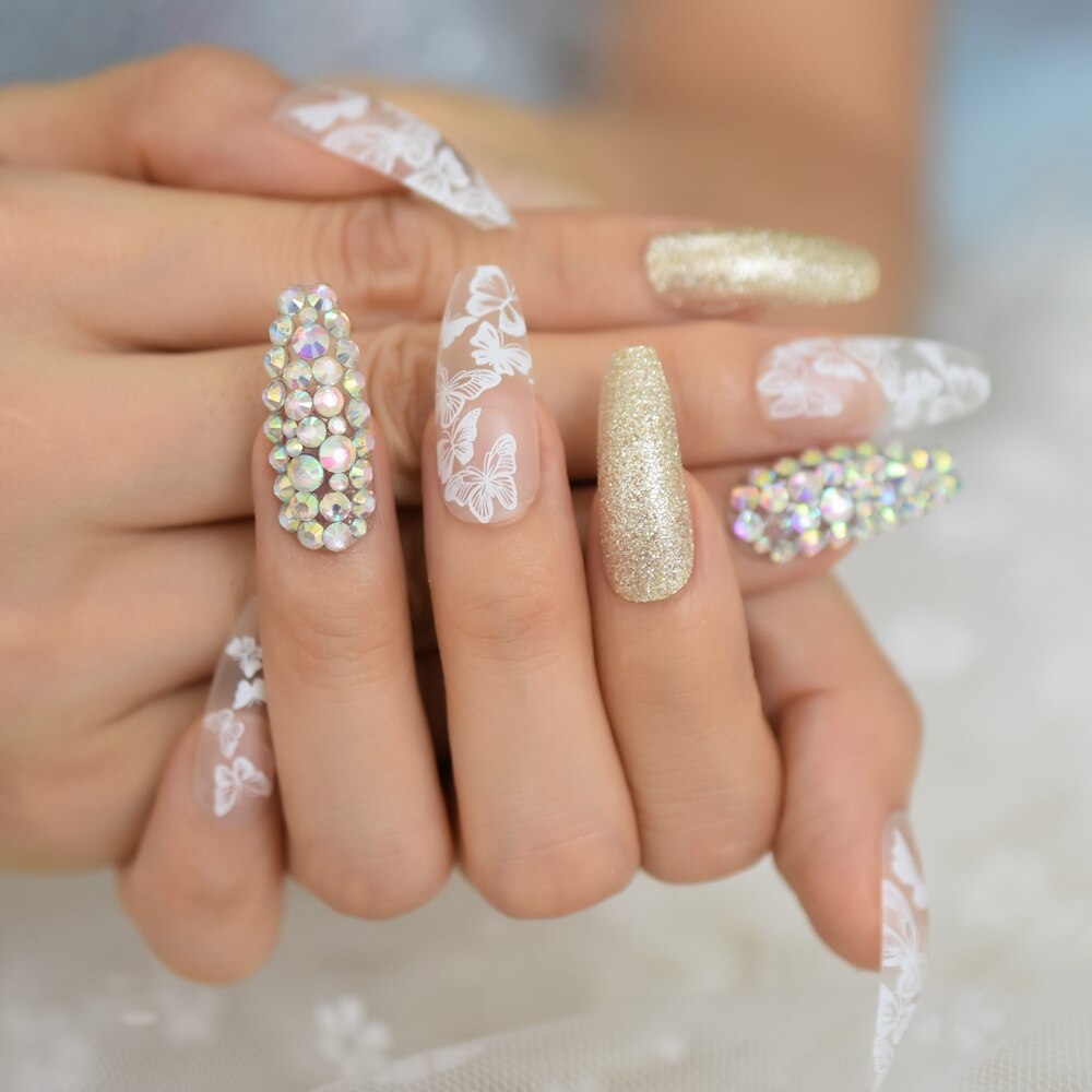 Faux ongles transparents en forme de papillon et paillettes pour Nail Art, pointes de pour Salon, été, 24