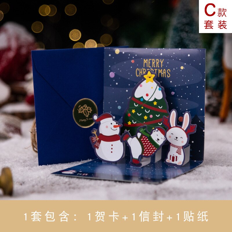 6pcs/lot Cartoon Children Greeting Card Year Christmas Festival Santa Pattern 3D Message Cards: C
