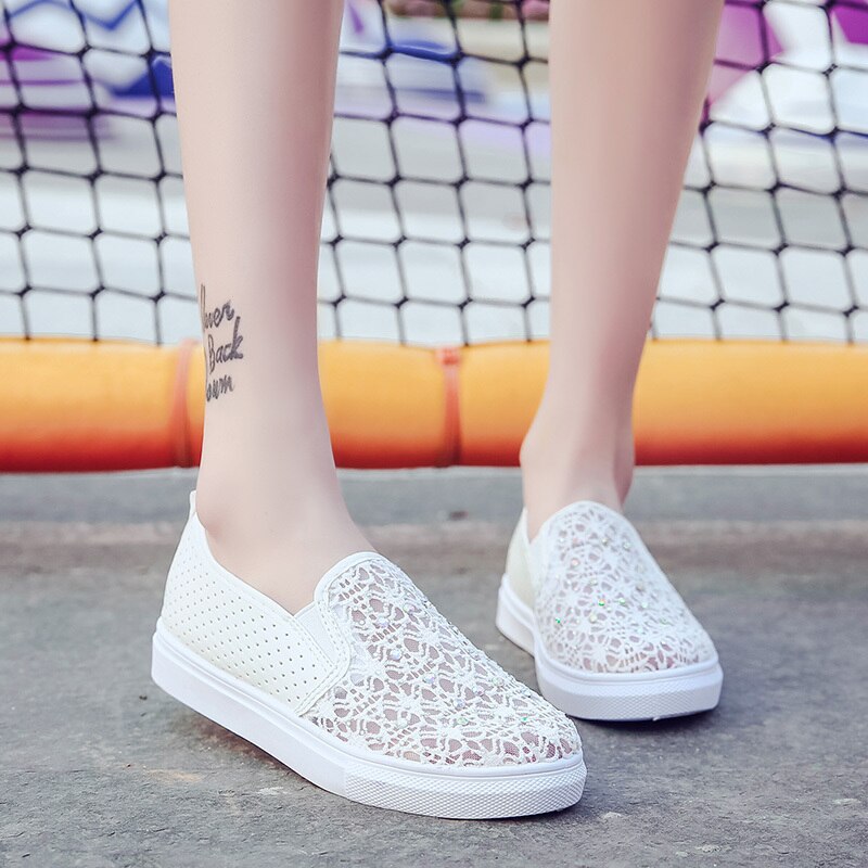 Strass mesh ihåliga vita sneakers kvinnor sommarskor kvinna andas plattform slip-on dam skor dam