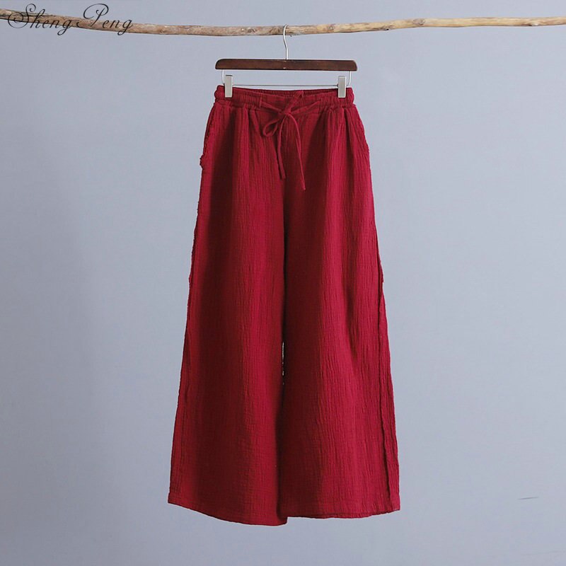 Pantalones de pierna ancha de mujer cintura elástica otoño pantalón de lino Mujer Pantalones sueltos Casual Vintage V1569: 3
