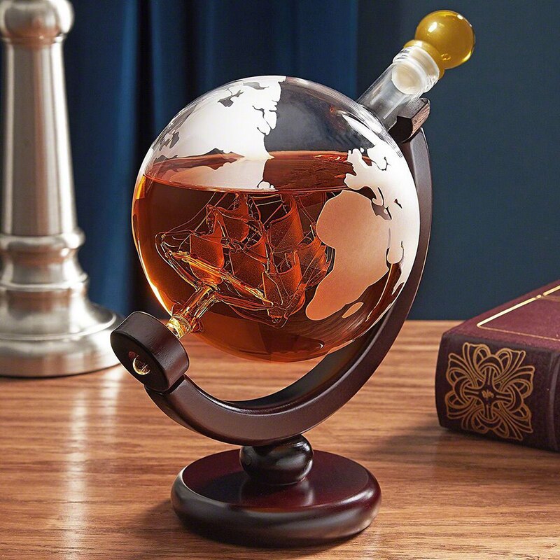 Ensemble de Carafe Globe créative, avec support en bois exquis sans plomb et 2 verres à Whisky, de Globe