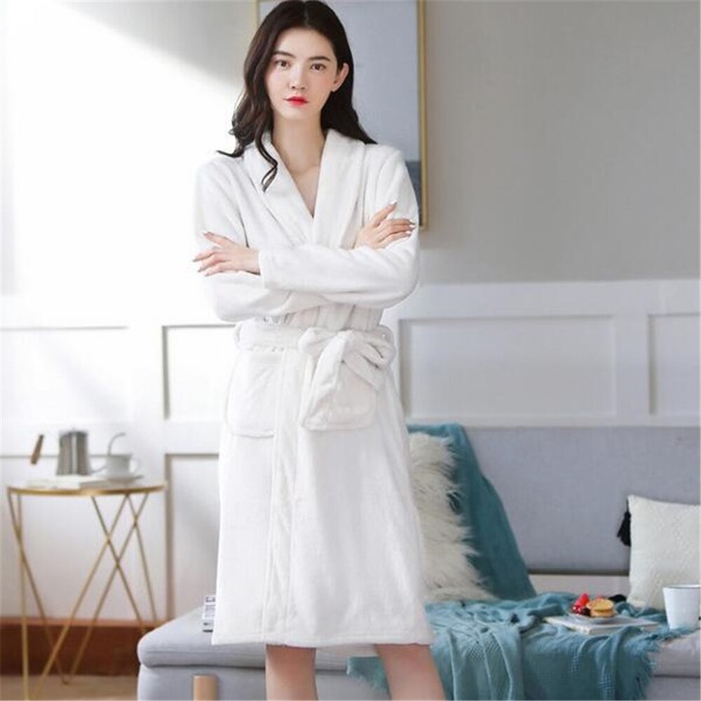 Pajamas White Women Men Coral Kimono Bathrobe Gown Lovers Couple Flannel Nightwear Winter Thicken Warm Soft Robe Gown Sleepwear: women