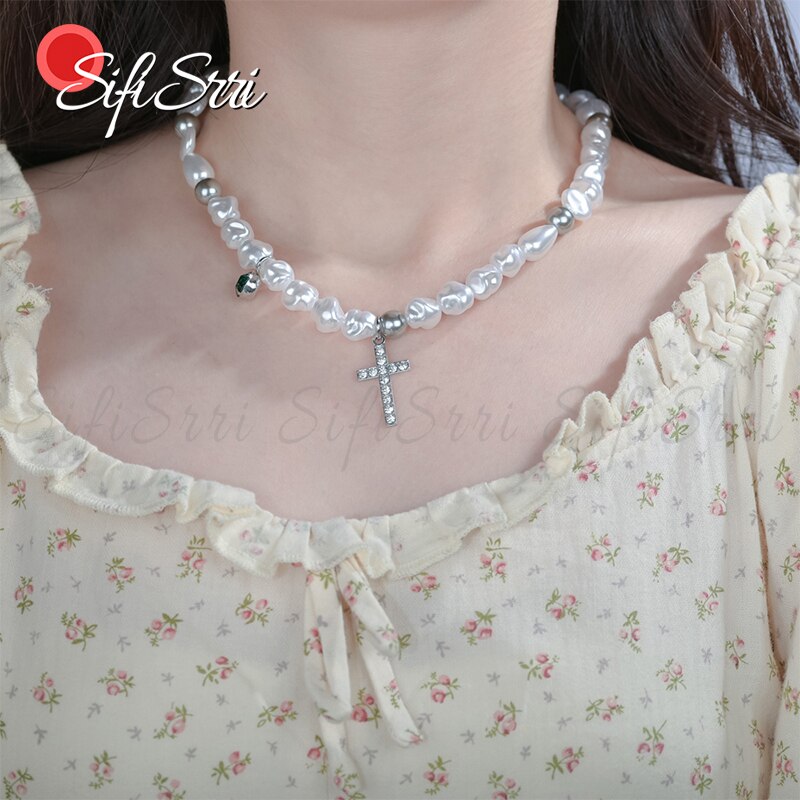 Sifisrri vintage cross bead collarbone necklace for women girls valentine's day stainless steel jewelry party accessories