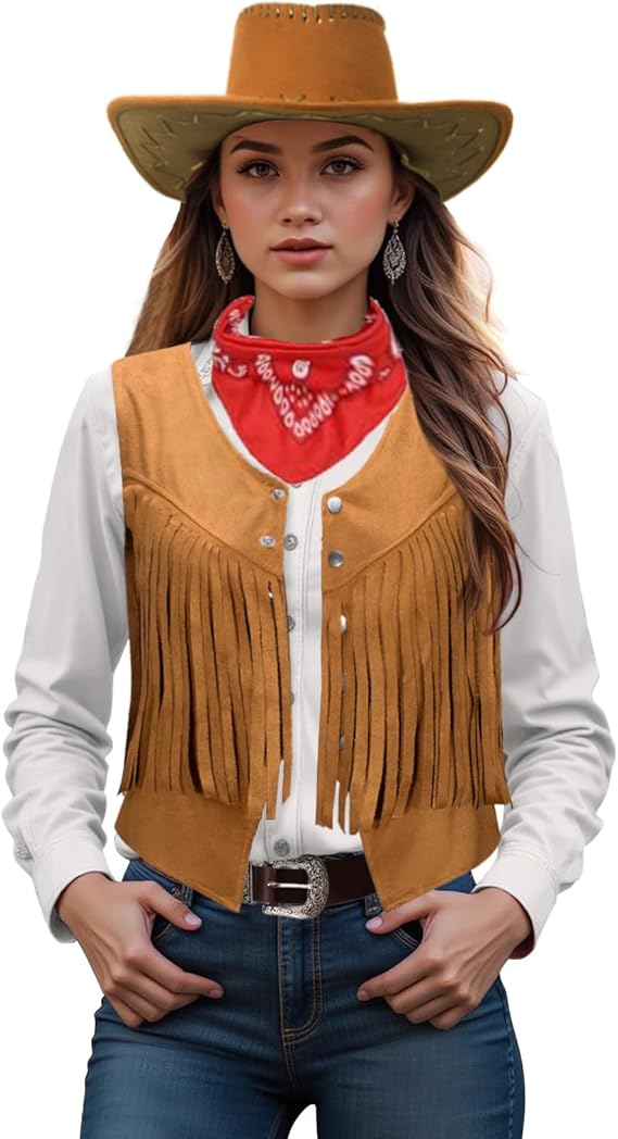 Frauen Männer Cowgirl Kostüm Western Weste Hut Gürtel Bandana Set für Cowboy Quasten Fransen Weste Halloween Outfits Wild West Cosplay