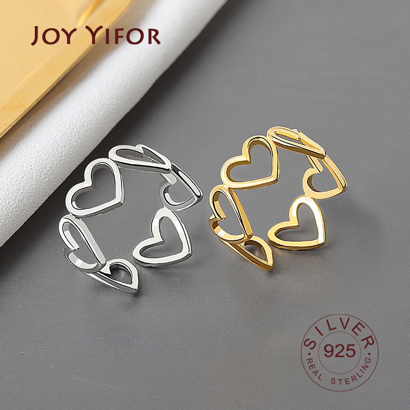 Bague en argent Sterling 925 véritable pour femmes, bijoux fins et minimalistes avec cœur creux, réglable, de fête
