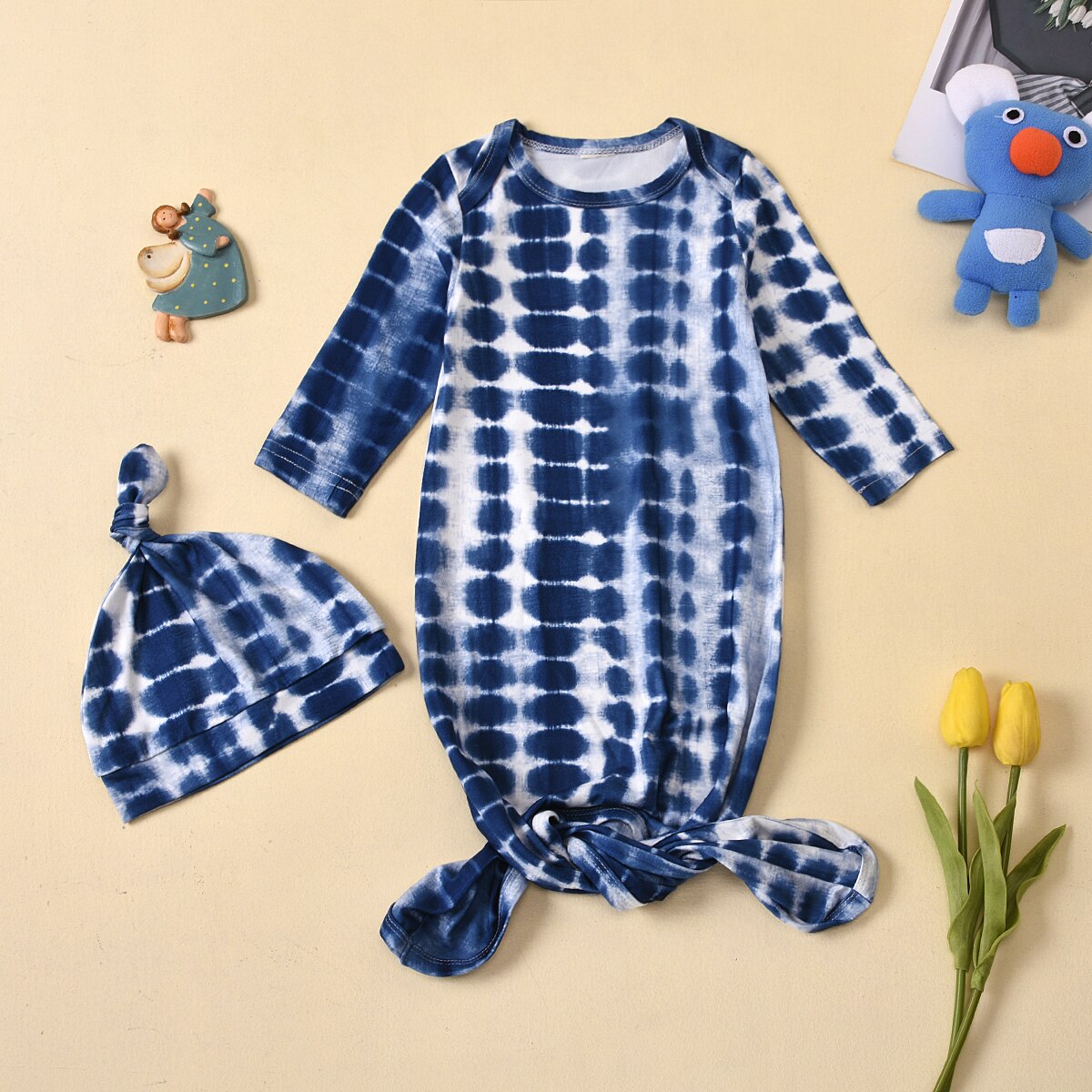 2 Stuks Baby Slaapzak Set Tie Dye Printing Ronde Kraag Lange-Mouwen Een Stuk Zak + Leuke Hoed Peuter Jongens Meisjes 0-6 Maanden