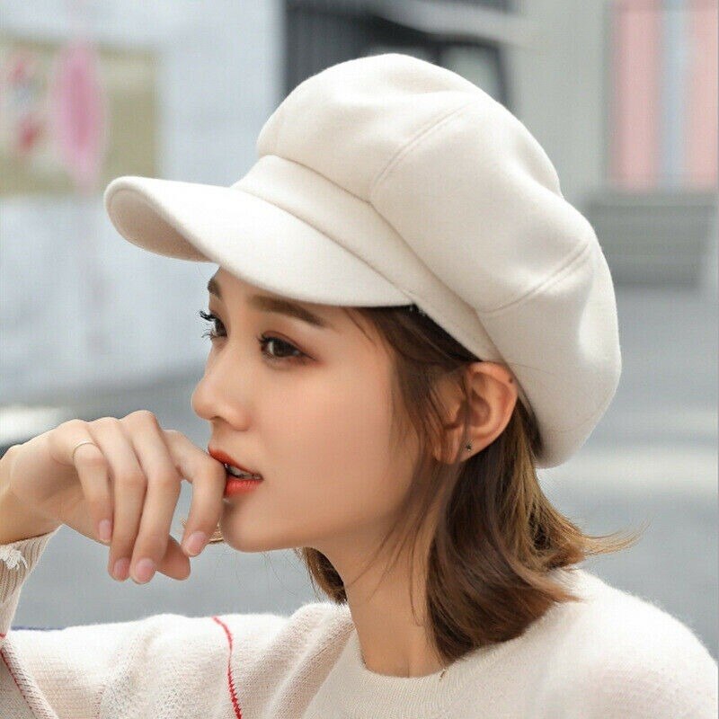 Newsboy Caps Women Winter Soft wool Gatsby Cap Octagonal Baker Peaked Beret Driving Hat Female Sunscreen Hats Painter Tour cap: Beige