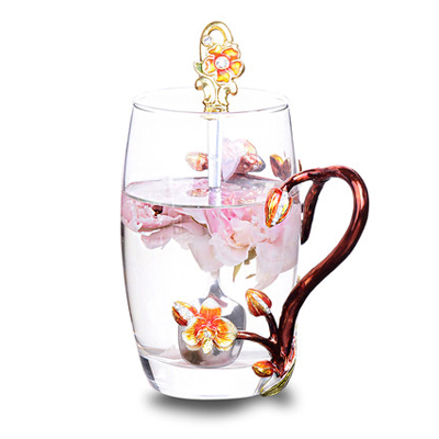 Peach Blossom and Rhinestones Decorated Enamel Coffee Cup Mug Flower Tea Glass Milk Cups Alloy Handgrip Cups and Mugs: M-4